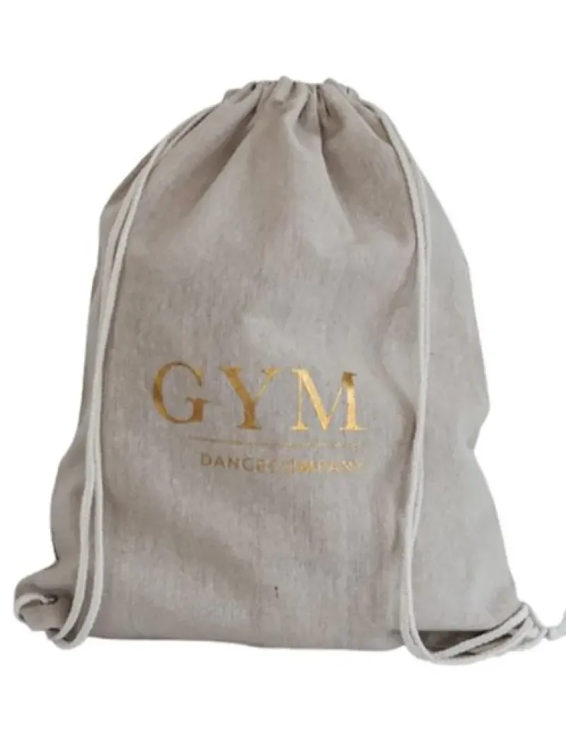 Dansebutikken Andet Til Gymnastik-Hør rygsæk/mulepose med guld GYM skrift