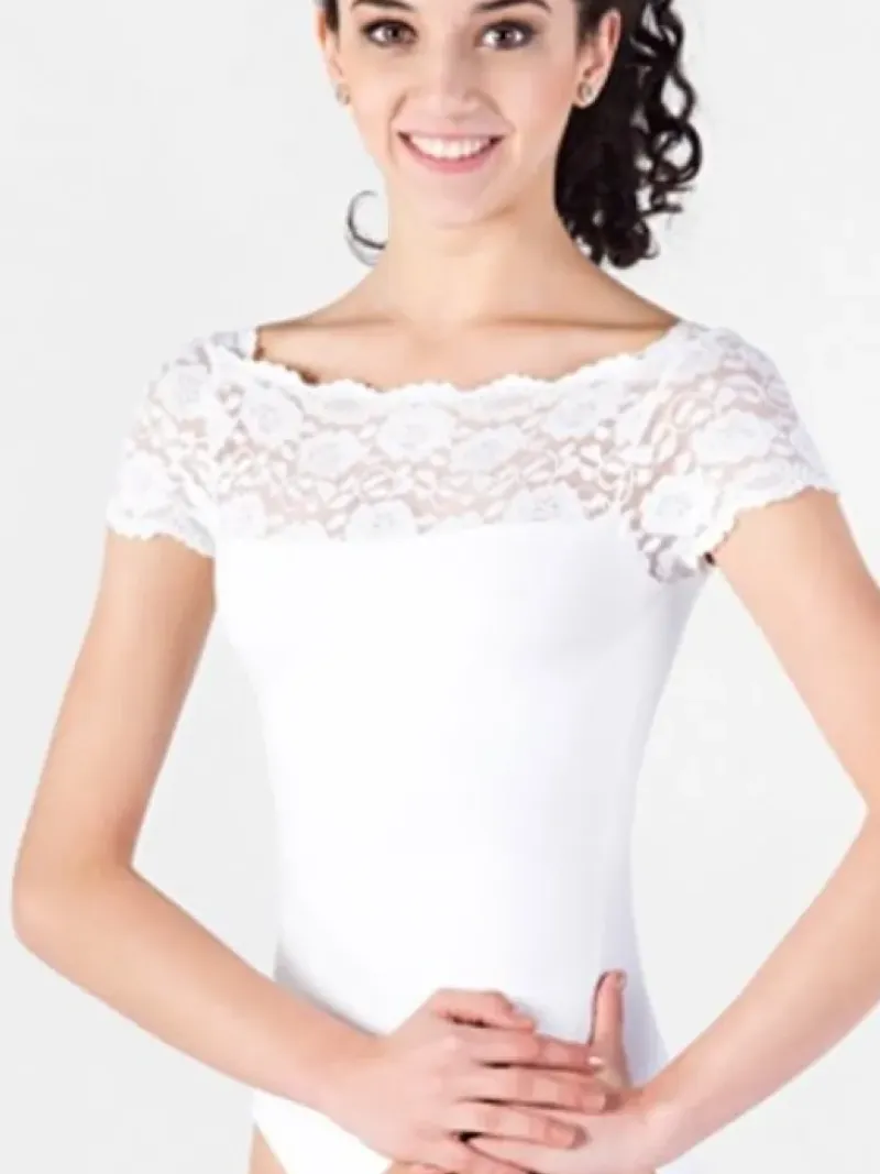 Dame Dansebutikken Balletdragter Damer|Dansebody Damer-Hvid dragt med blonde foroven So Danca
