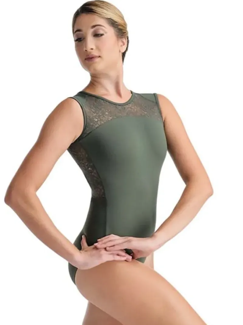 Dame Dansebutikken Balletdragter Damer-Olivengrøn dragt m. blonde og flot ryg fra ballet Rosa