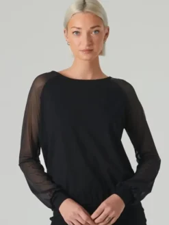 Dame Dansebutikken Danseoverdele Damer-Sort danse bluse med lange chiffon ærmer