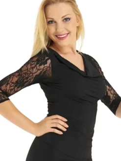 Dame Dansebutikken Danseoverdele Damer-Sort dansebluse med blonde ærmer - Ready4dance