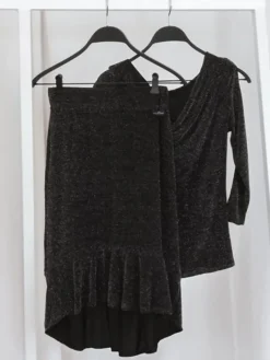 Dame Dansebutikken Danseoverdele Damer-Sort dansebluse med glimmer og flotte ærmer