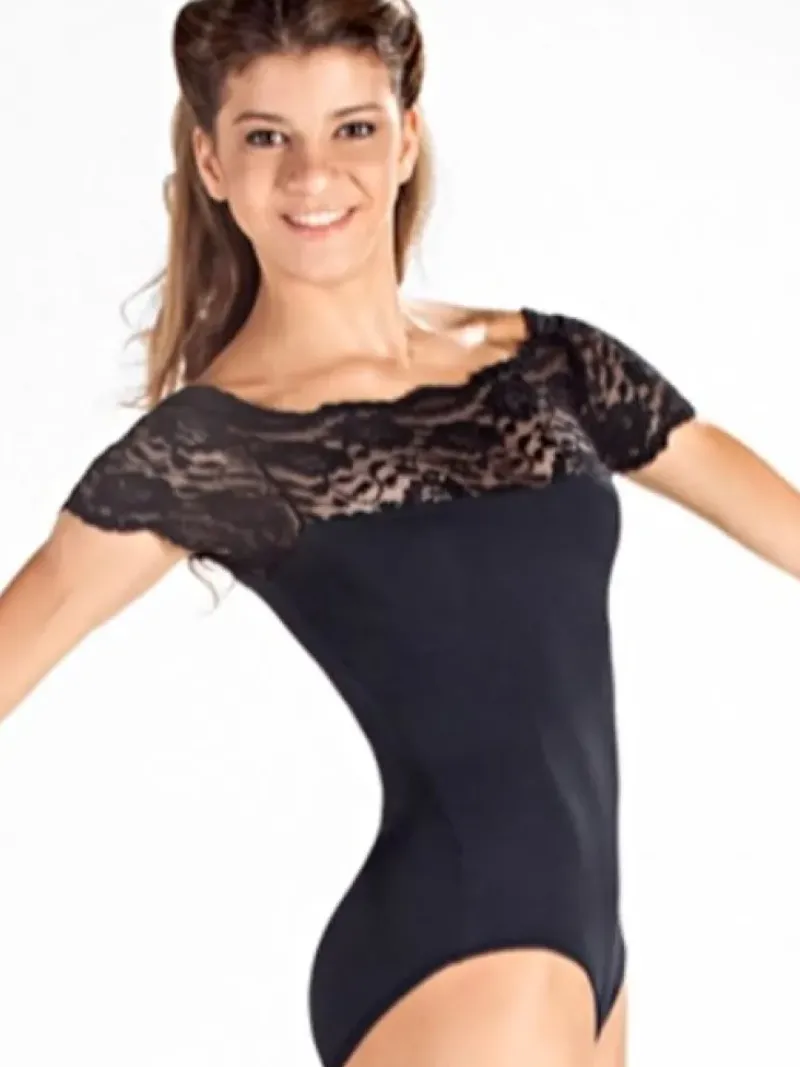 Dame Dansebutikken Balletdragter Damer|Dansebody Damer-Sort dragt med blonde foroven So Danca
