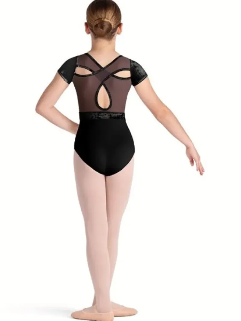 Børn Dansebutikken Balletdragter Børn-Sort dragt med velour, mesh og flot ryg fra Bloch