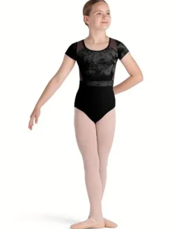 Børn Dansebutikken Balletdragter Børn-Sort dragt med velour, mesh og flot ryg fra Bloch