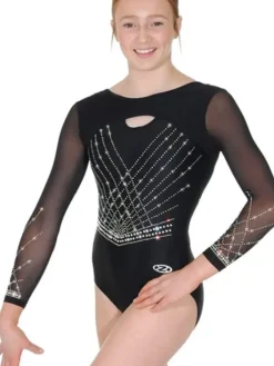 Dansebutikken Dragter Piger-Sort gymnastikdragt med mesh ærmer og sten piger The zone